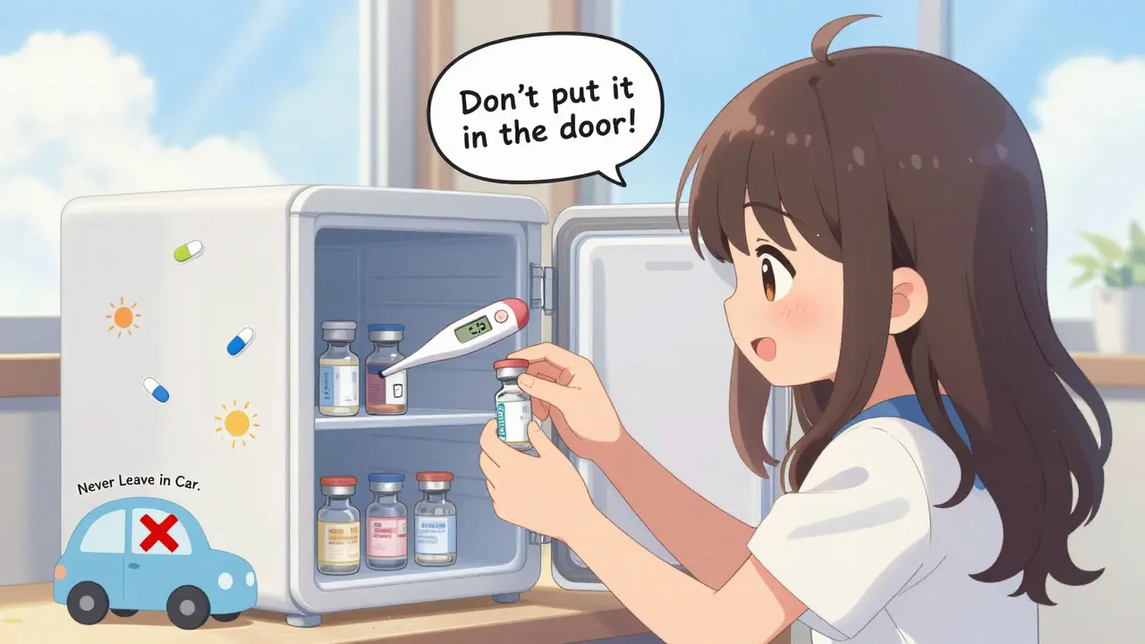 A girl places insulin in a fridge with a digital thermometer showing 5°C, avoiding the door.