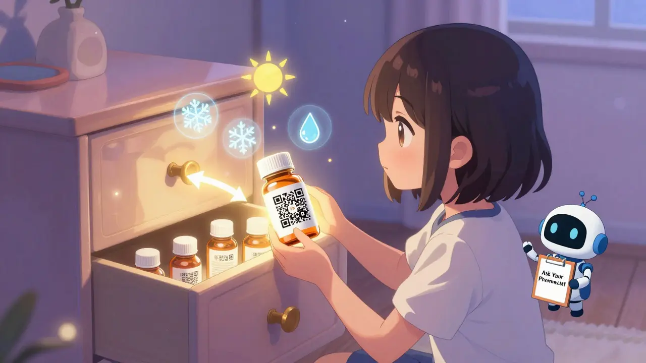 A girl scans a glowing QR code on a medicine bottle, guided by holographic storage icons.