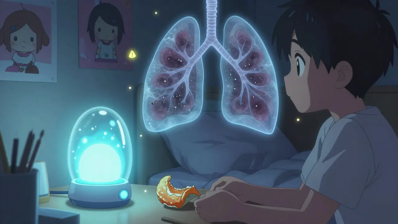 A glowing vape pod on a desk, with floating translucent lungs filled with toxic particles.