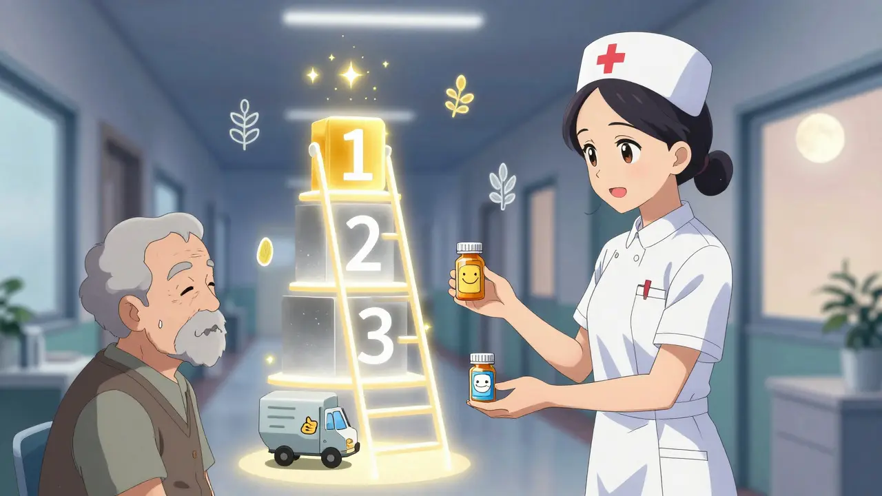 A nurse giving an elderly patient a pill bottle with a smiling face, while a magical tiered formulary glows softly in the background.
