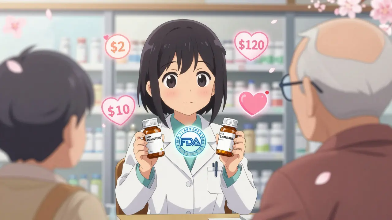 A pharmacist explains generic vs brand-name meds with glowing savings icons beside them.
