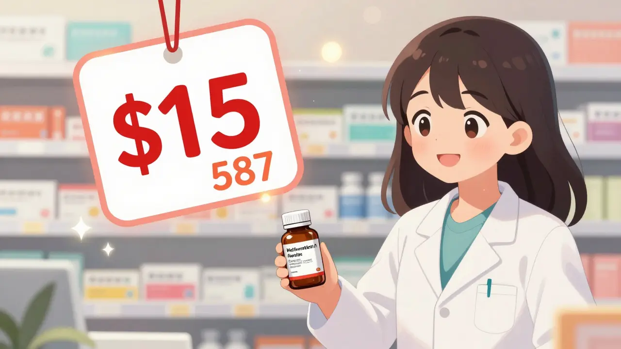 A pharmacist gives a patient a low-cost generic diabetes pill bottle, with price tags showing big savings.