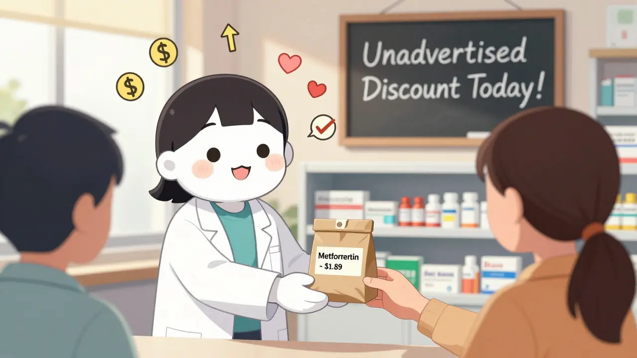 A pharmacist handing a low-cost medication bag to a smiling customer with a discount sign in the background.