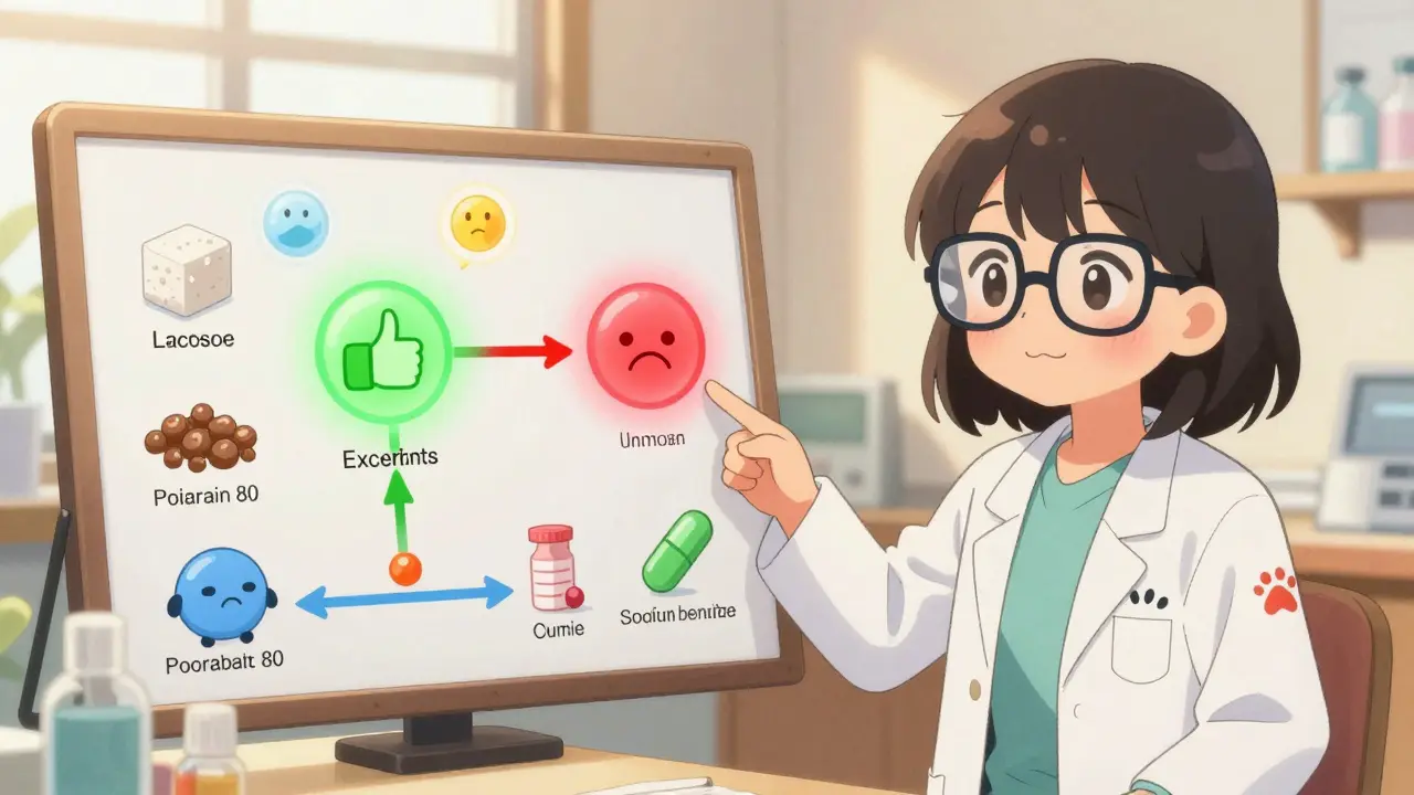 A pharmacist pointing to a colorful flowchart of excipients affecting drug absorption in a warm, cozy clinic.