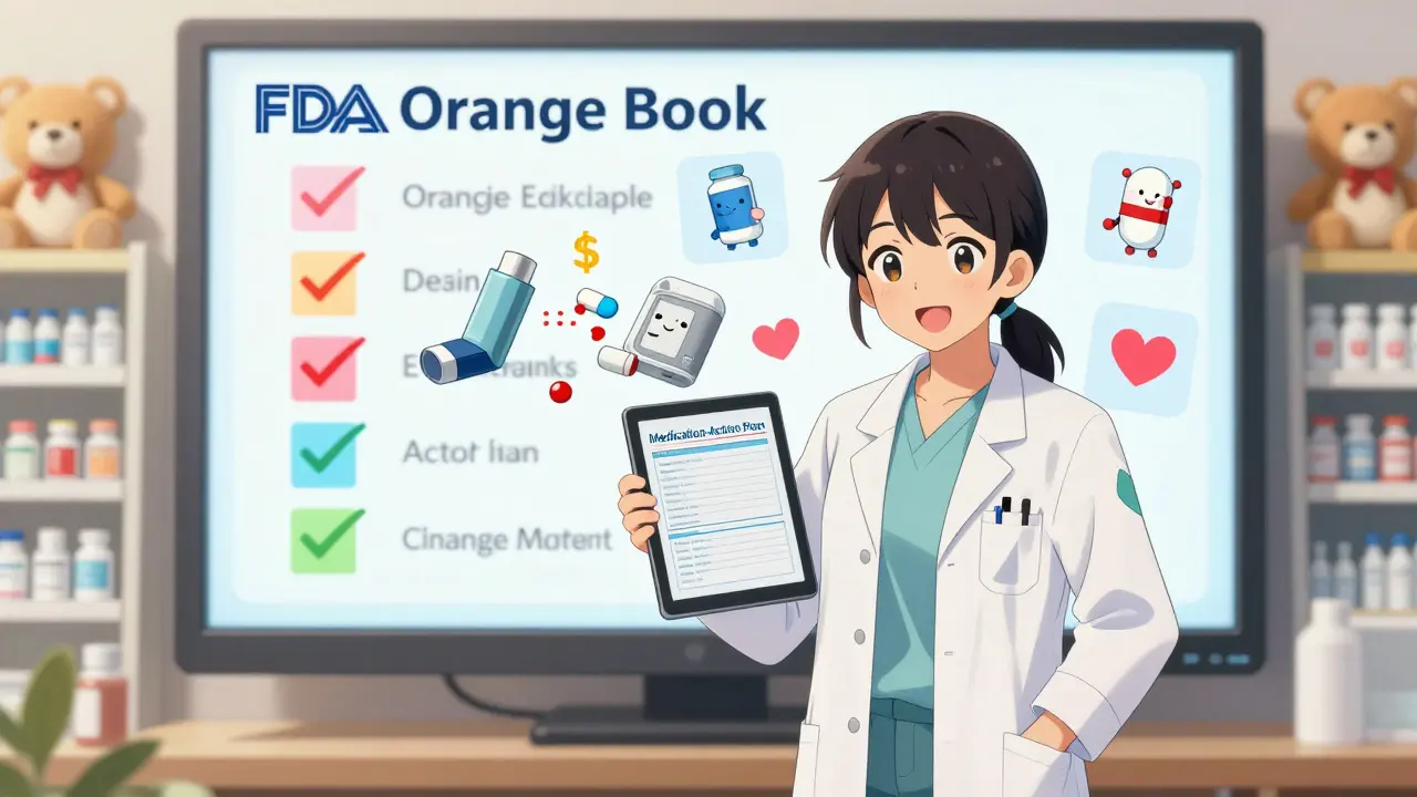 A pharmacist points to an animated FDA Orange Book display showing generic drugs as happy mascots beside brand-name versions.