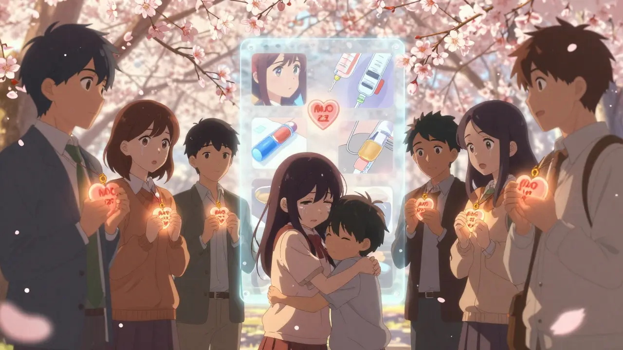 A support group holds glowing genotype pendants under cherry blossoms, one hugging her sibling.