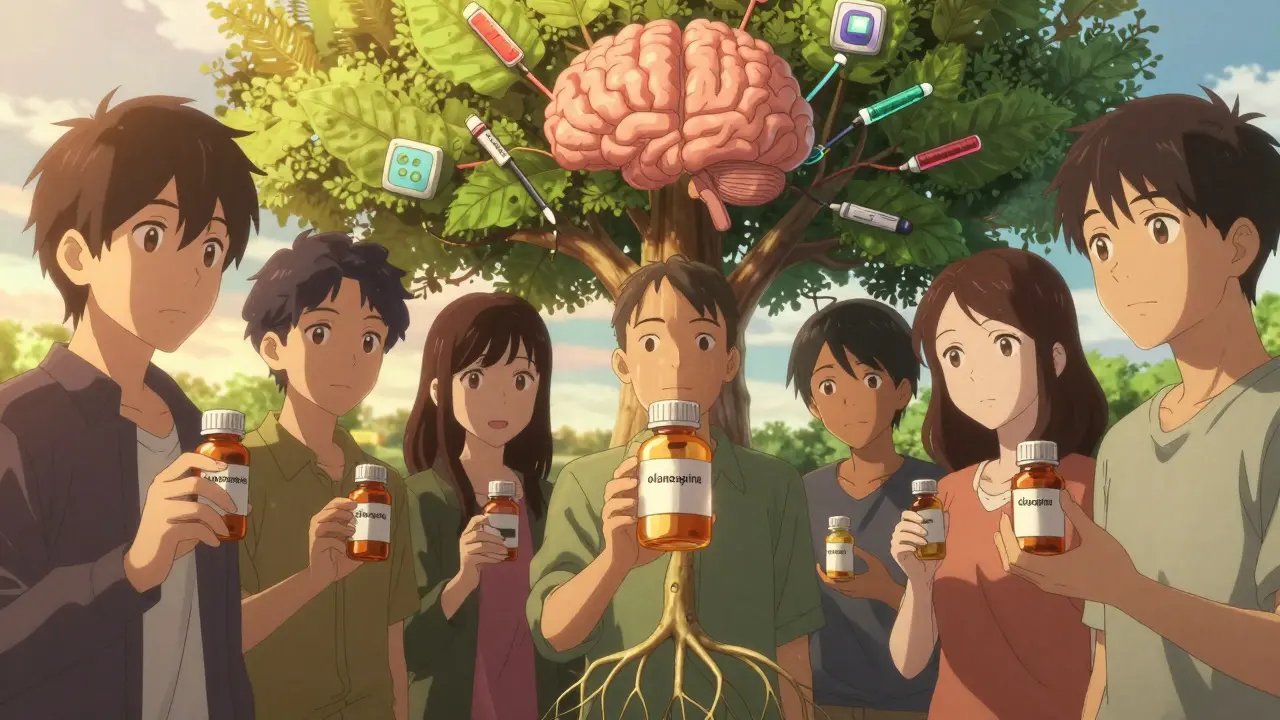 A supportive group holding different medication bottles, with a tree whose leaves are shaped like brain synapses.