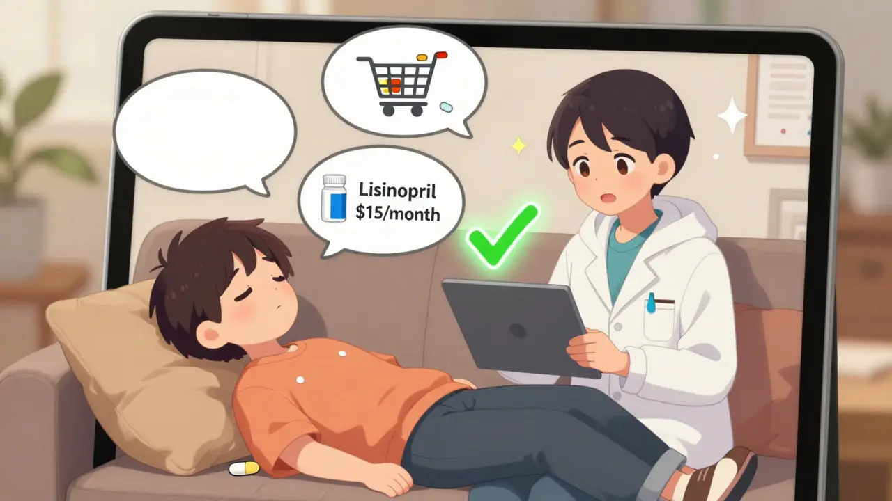 A young patient relaxes at home during a virtual MTM session, with floating icons showing cost savings from switching to generics.