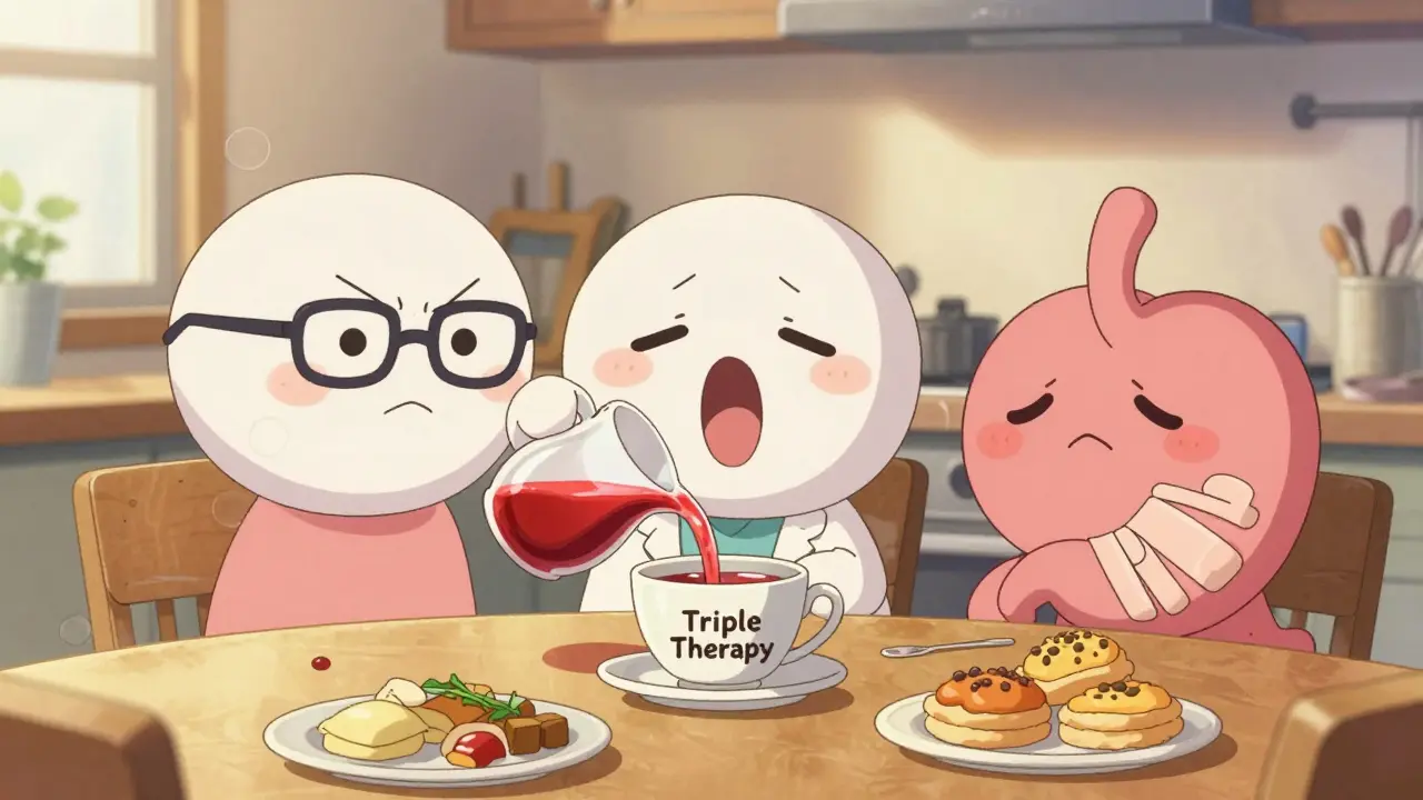 Adorable animated pills preparing triple therapy in a cozy kitchen with a grateful stomach character.