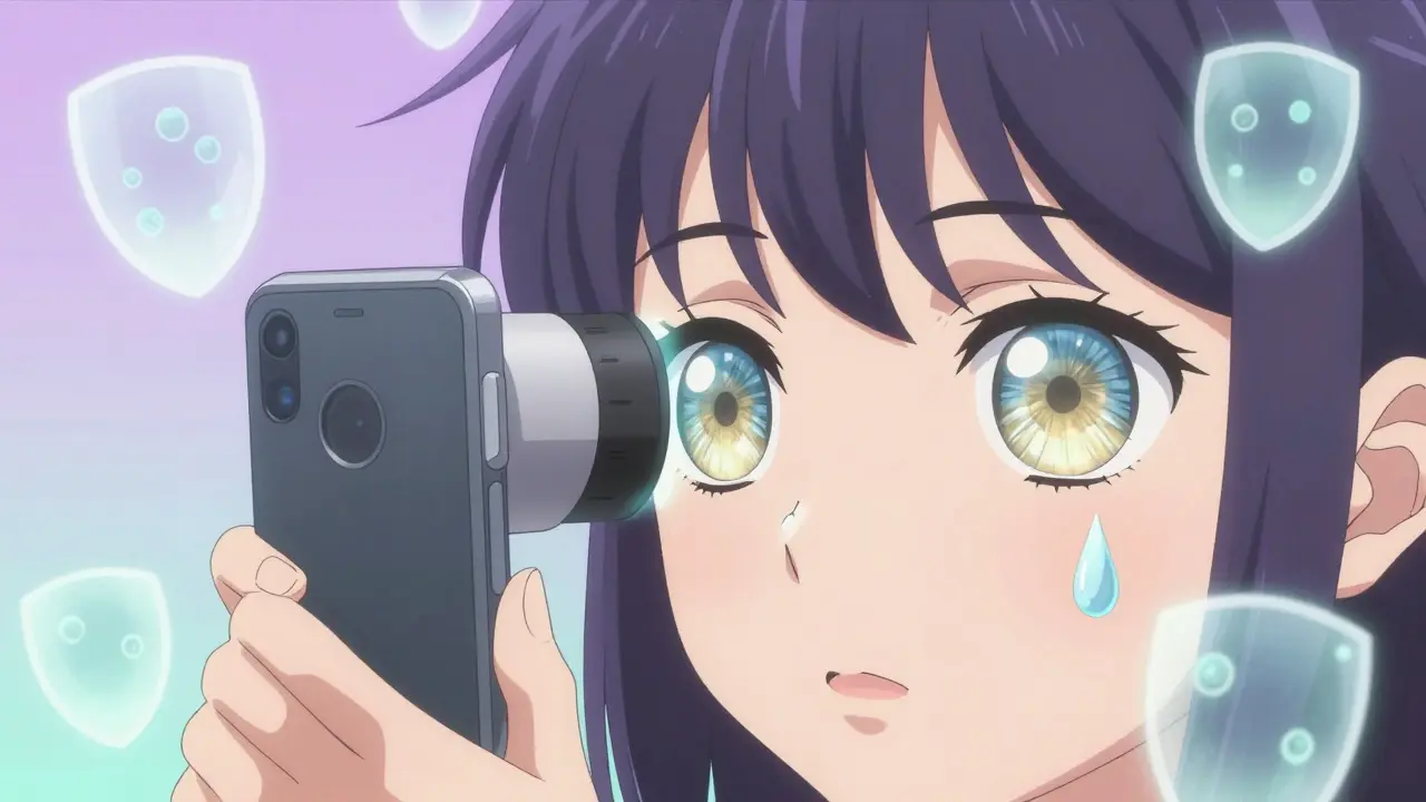 Close-up of an eye being scanned with floating digital retinal images and protective symbols.