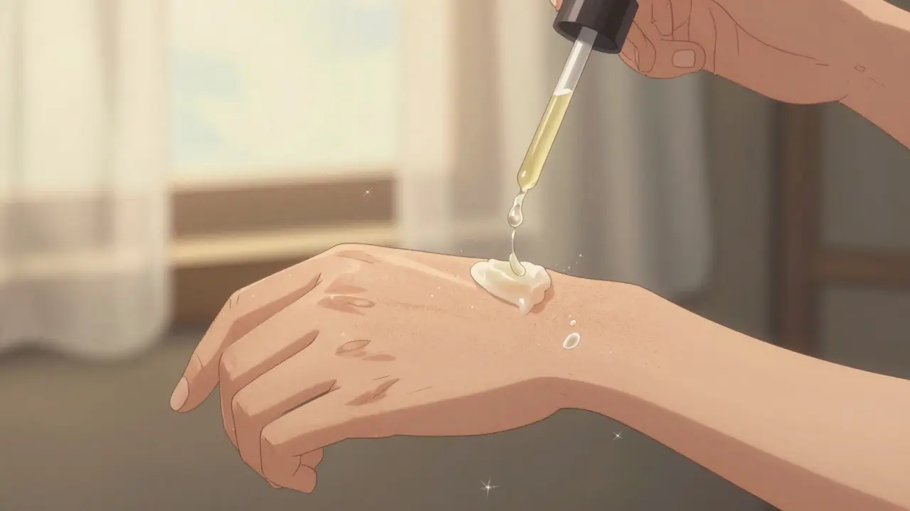 Close-up of forearm with keratosis pilaris being treated by dissolving keratin plugs, warm light, gentle moisturizer stream.