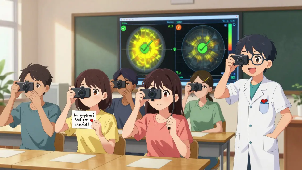 Diverse group taking retinal photos at a community center with AI results displayed on a screen.