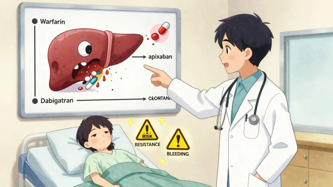 Doctor points to chart showing liver monster consuming blood thinners with warning icons floating nearby.