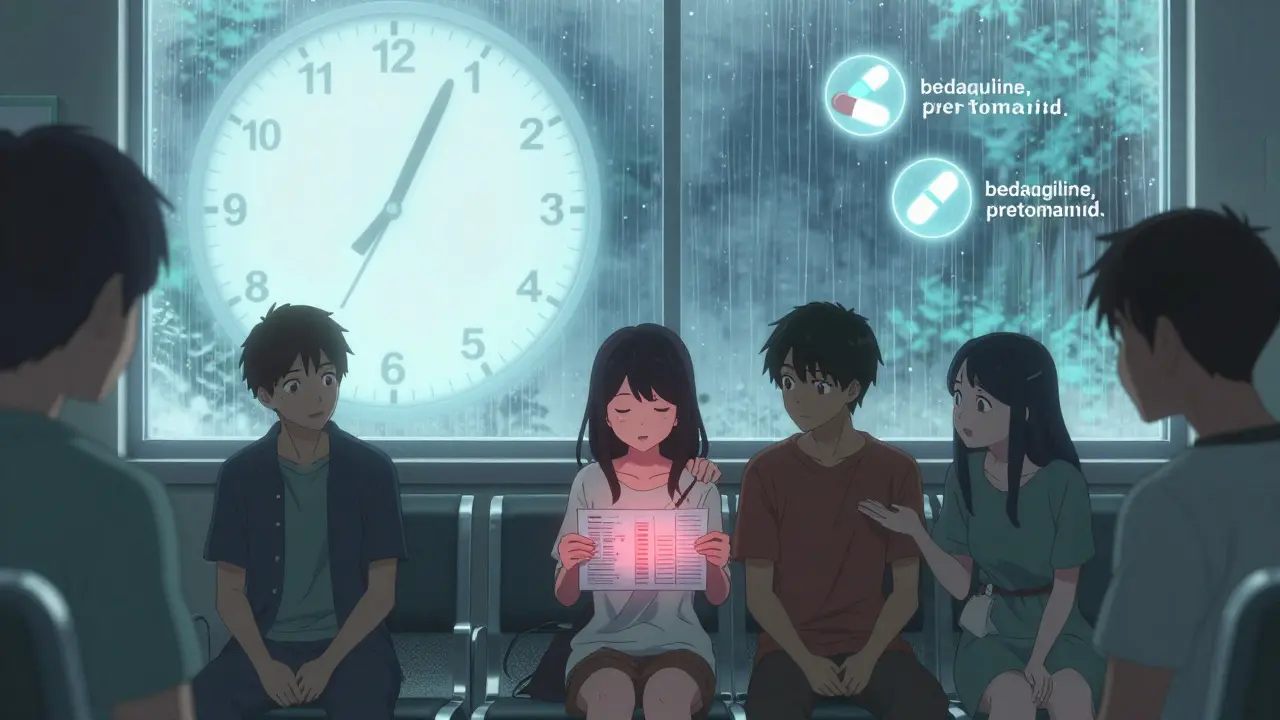 Friends in a hospital waiting room, one holding a blood test with red ALT levels, a clock showing shorter treatment time in background.