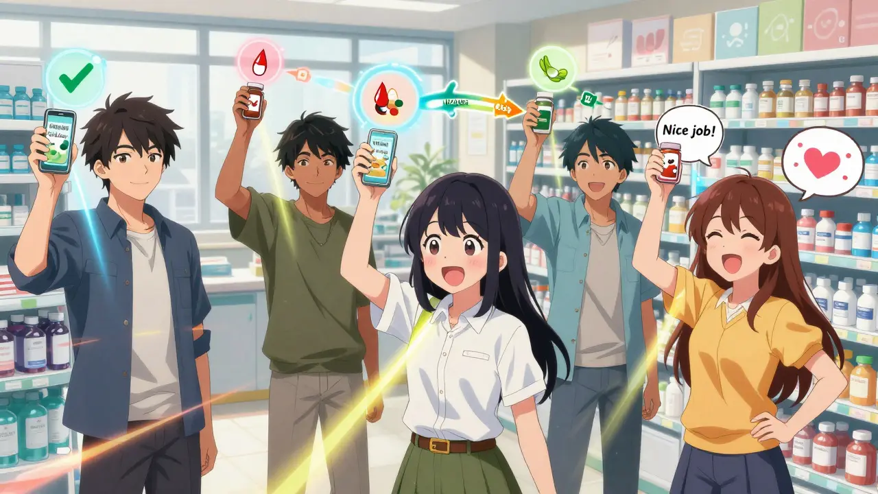 Friends in a pharmacy with holographic medication labels and interaction warnings resolving in the air.