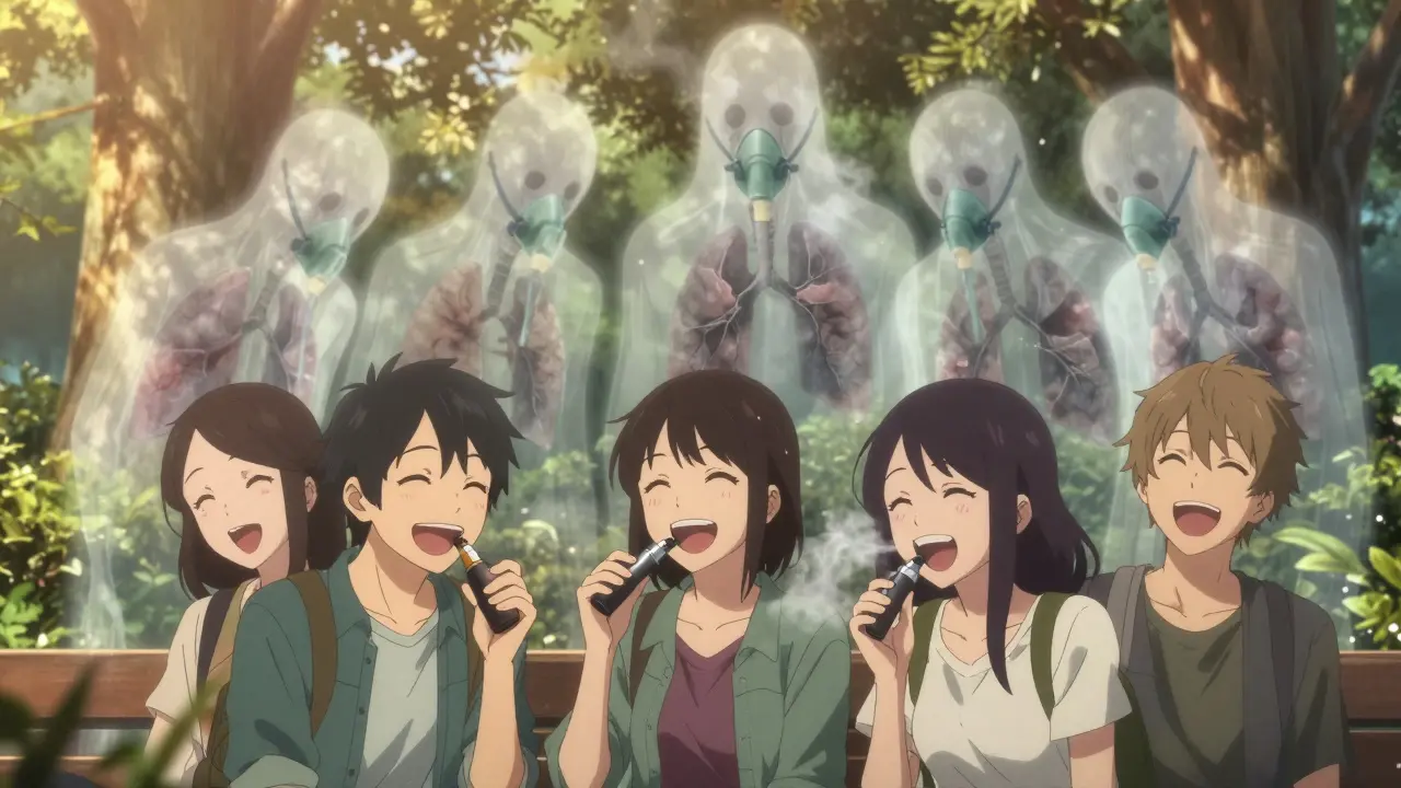 Friends laughing in a park, with ghostly future selves wearing oxygen masks behind them.