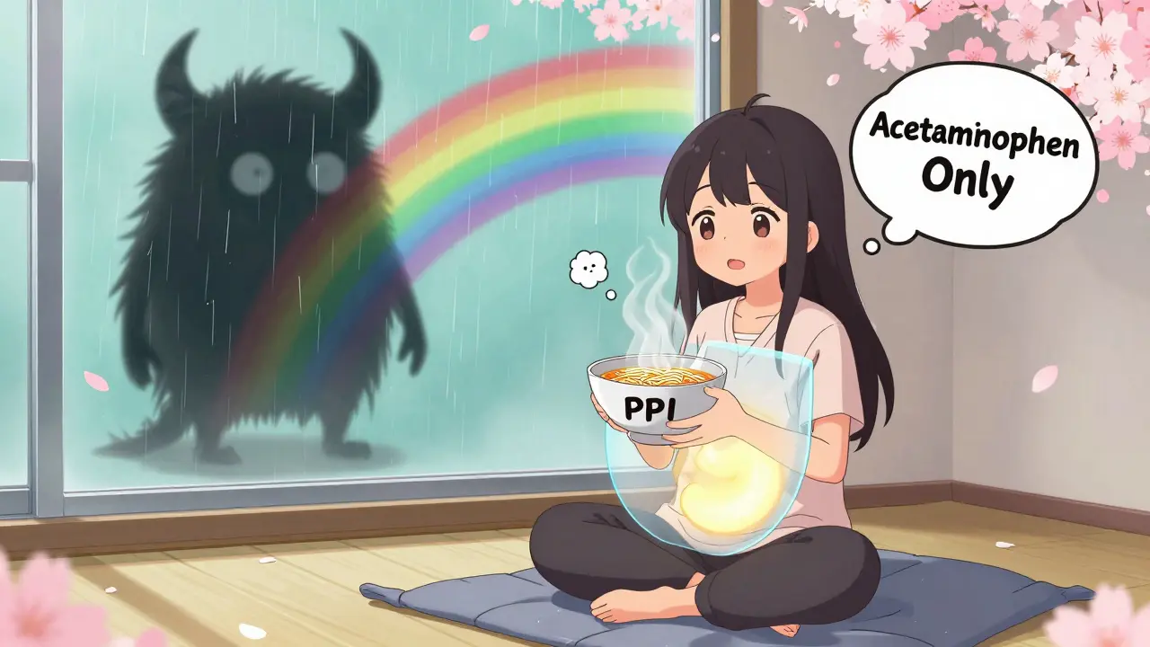 Girl enjoying ramen with a protective shield over her stomach, while NSAID monsters fade away.