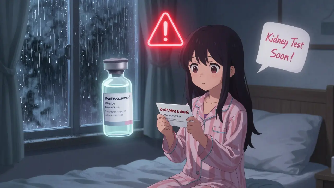 Girl holding emergency alert card with glowing antidote vial nearby during rain.