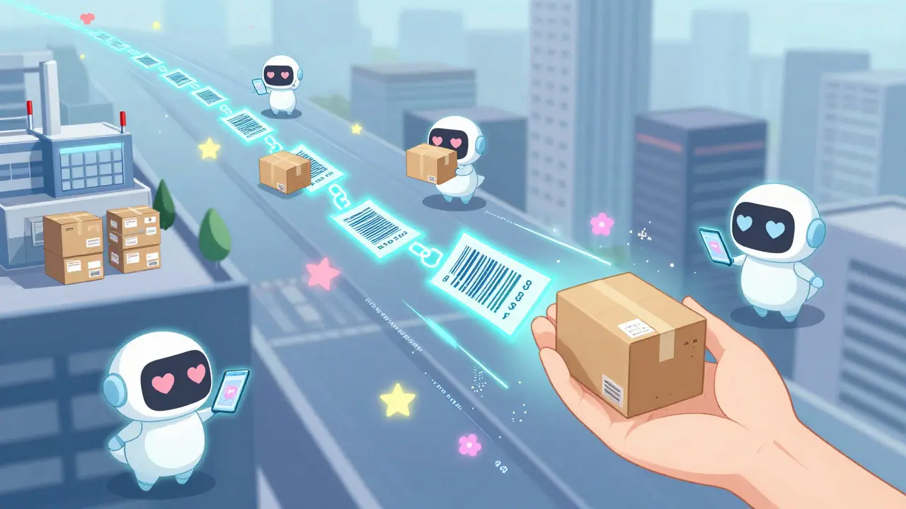 Glowing digital barcodes connecting drug supply chain with cute AI assistants in a pastel city.
