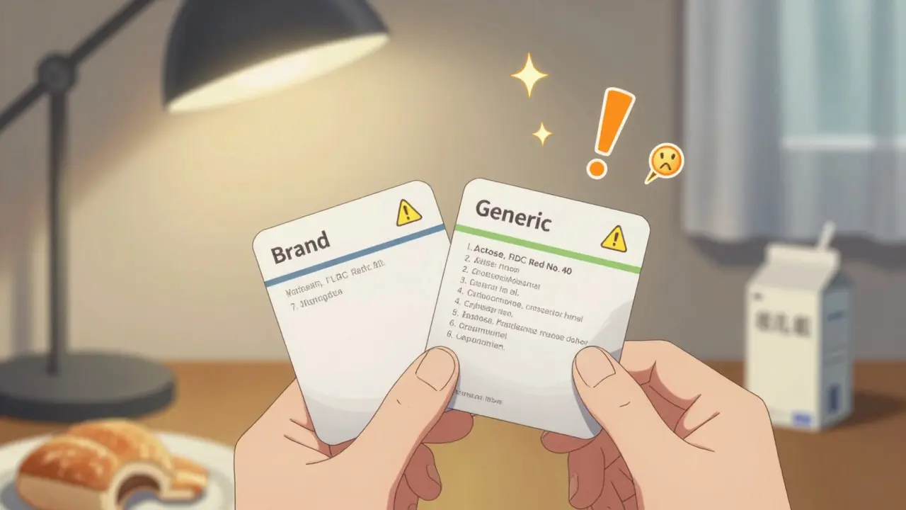 Hand comparing medication package inserts with highlighted inactive ingredients and warning symbols.