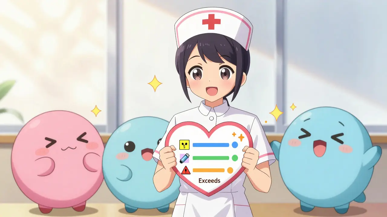 Nurse holds a heart-shaped rubric chart with three patient avatars showing different levels of understanding.