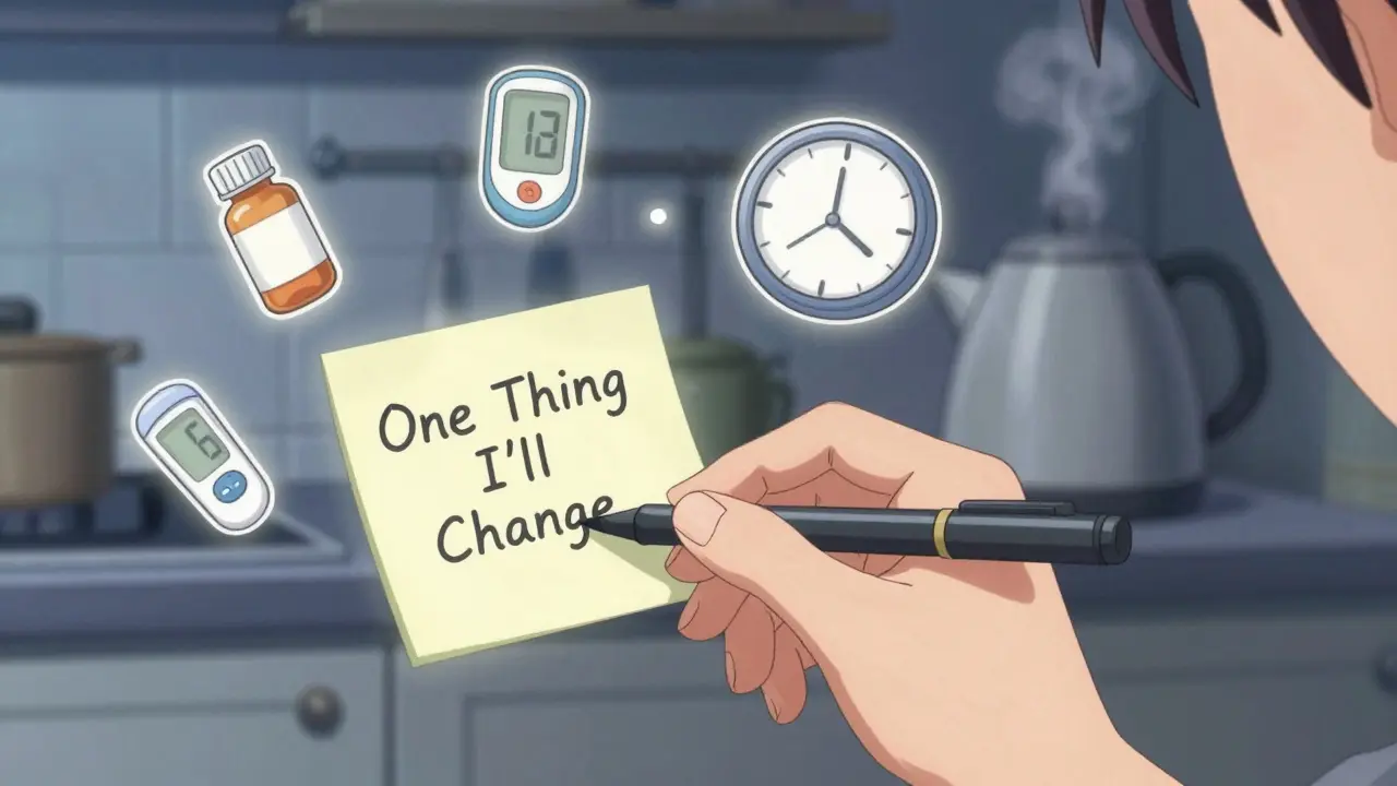 Patient writes a personal goal on a sticky note in a quiet kitchen at night with medical icons floating nearby.