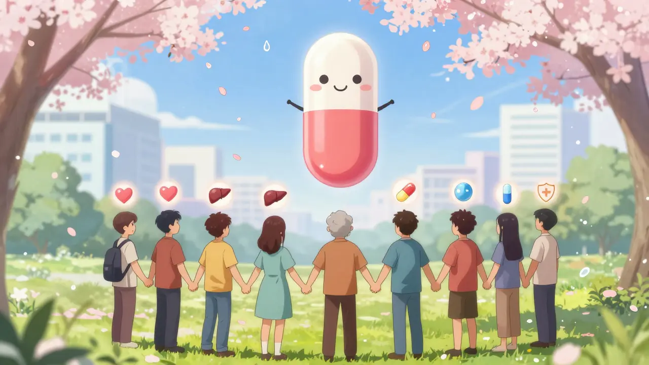 Patients hold hands in a park with glowing icons of heart, liver, and statin as cherry blossoms fall.