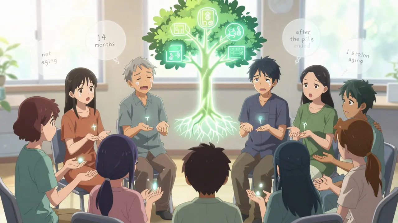 Patients in a support circle holding glowing tendon symbols, hopeful atmosphere, anime style.