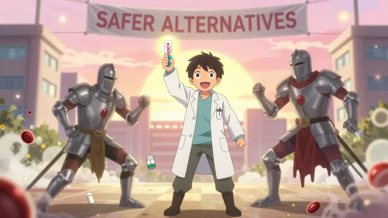 Pharmacist holds rifabutin pill as hero saving antiviral and anticoagulant patients from enzyme storm.