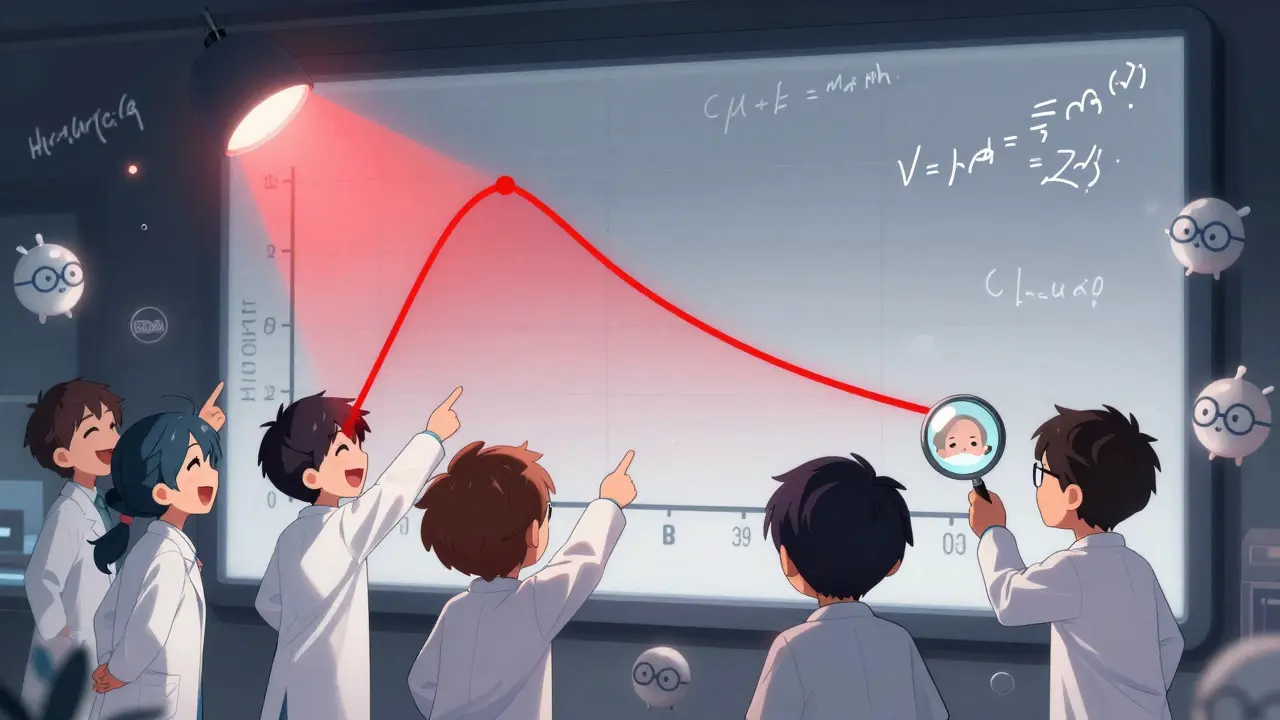 Scientists laugh as they zoom in on a highlighted 0-2 hour window of a drug curve, with floating medical icons in cute anime style.