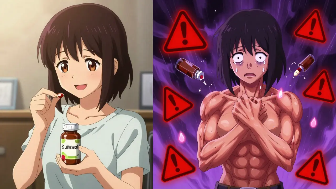 Split image showing a girl transitioning from taking pills happily to experiencing severe muscle stiffness and warning signs.
