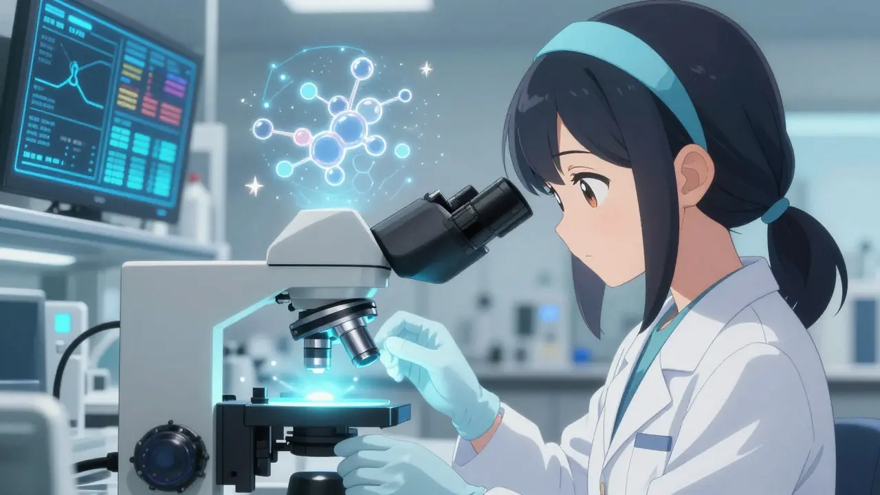 Technician analyzing a pill under a holographic microscope in a clean, glowing lab.