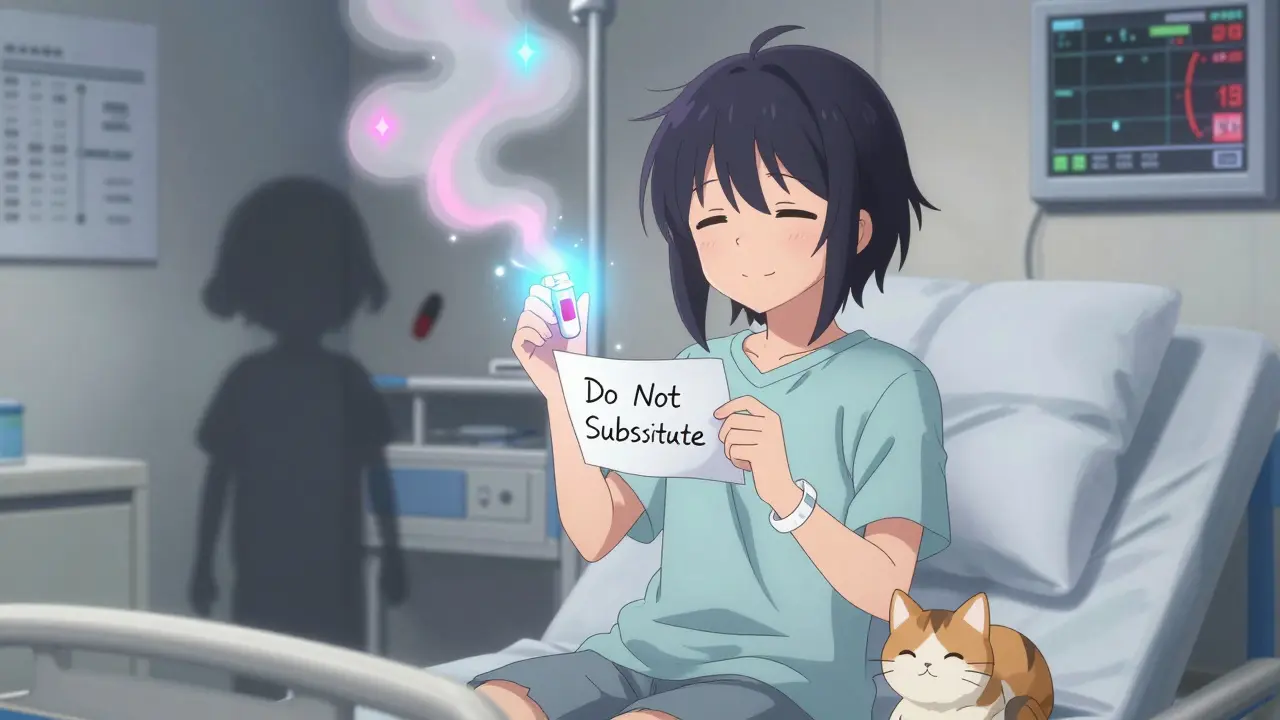 Teenager smiling with brand-name pill and 'Do Not Substitute' note, generic pills dissolving into smoke.