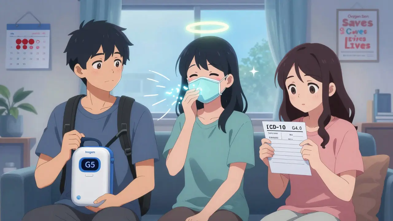 Three friends with portable oxygen device and prescription, glowing oxygen particles in living room.