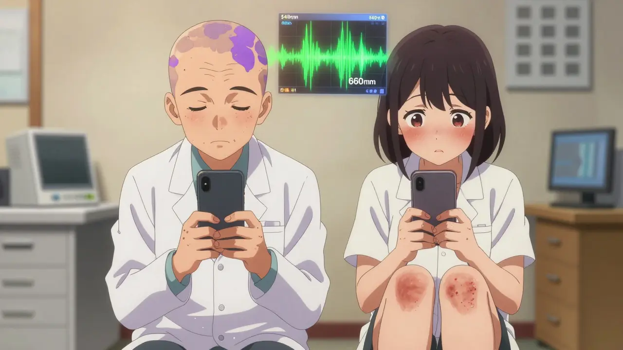 Two individuals in dermatologist's office comparing rash photos with light wave overlays.