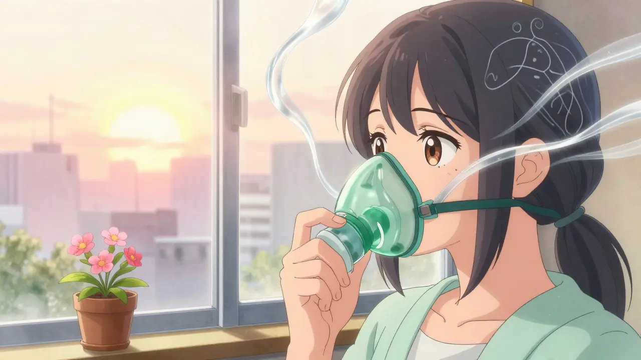 Woman holding oxygen mask at sunrise, silver oxygen streams rising, neural pathways glowing faintly.