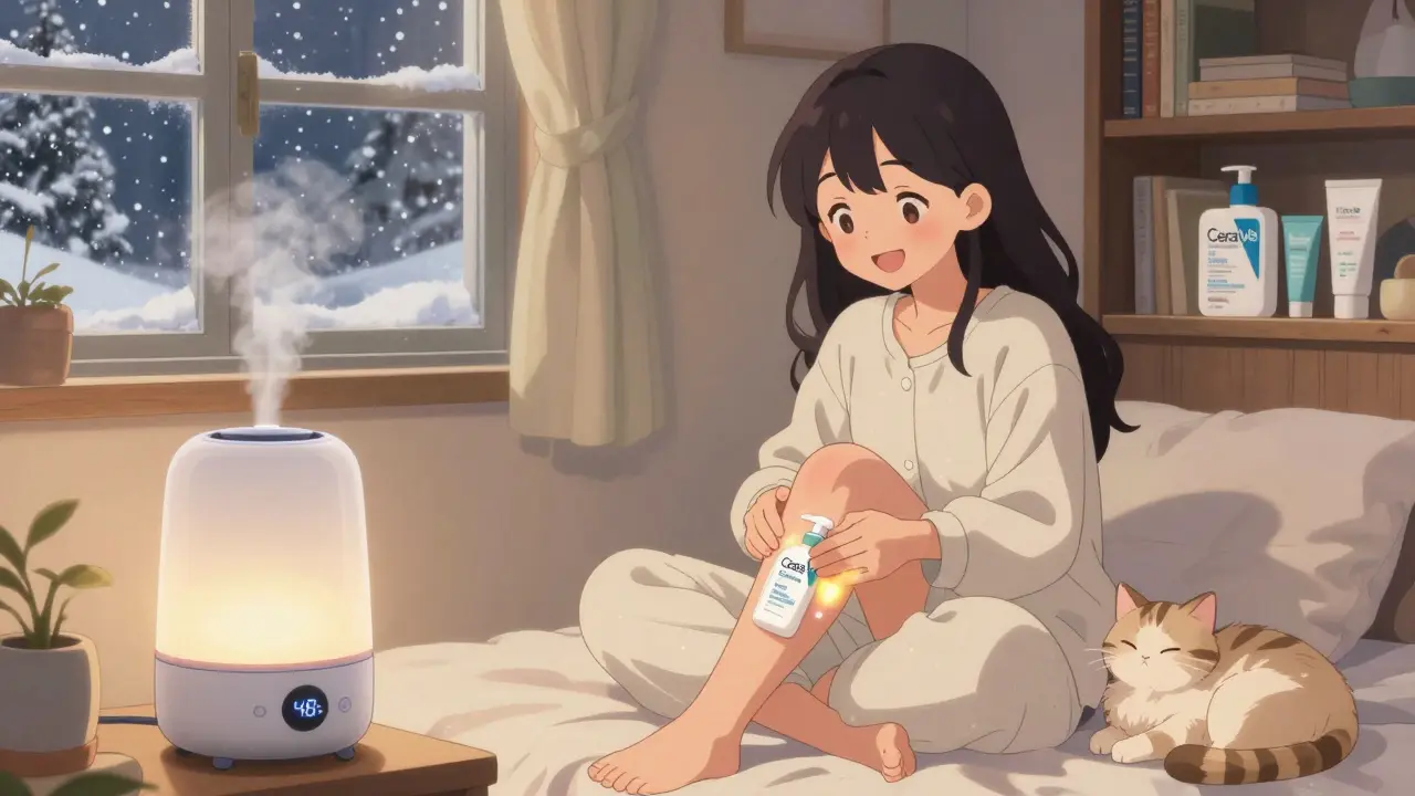 Young woman applying urea lotion on bed in winter, humidifier running, cat beside her, wearing loose cotton pajamas.