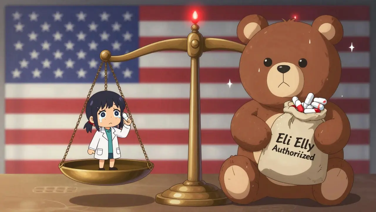 A balance scale tilts under the weight of a corporate bear holding 'Authorized Generic' pills versus a tearful girl holding a single generic pill.