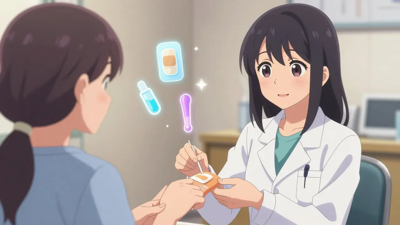 A doctor handing a transdermal patch to a patient in a peaceful clinic setting.