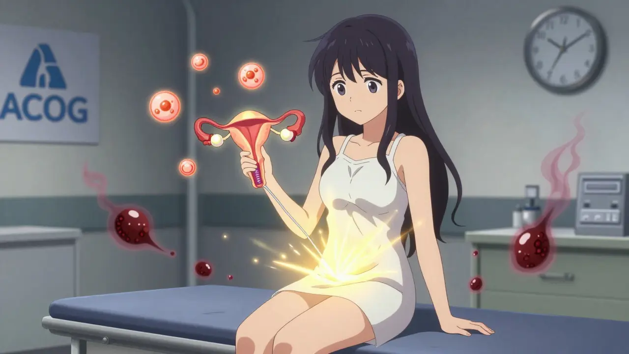 A girl receiving an IUD insertion, with copper and hormone icons glowing as clots dissolve.