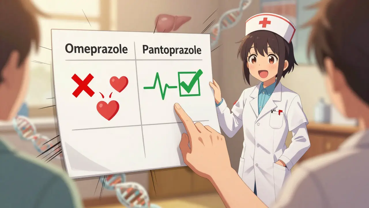 A medical chart compares omeprazole (red X) and pantoprazole (green check) with a heartbeat line, guided by a nurse.