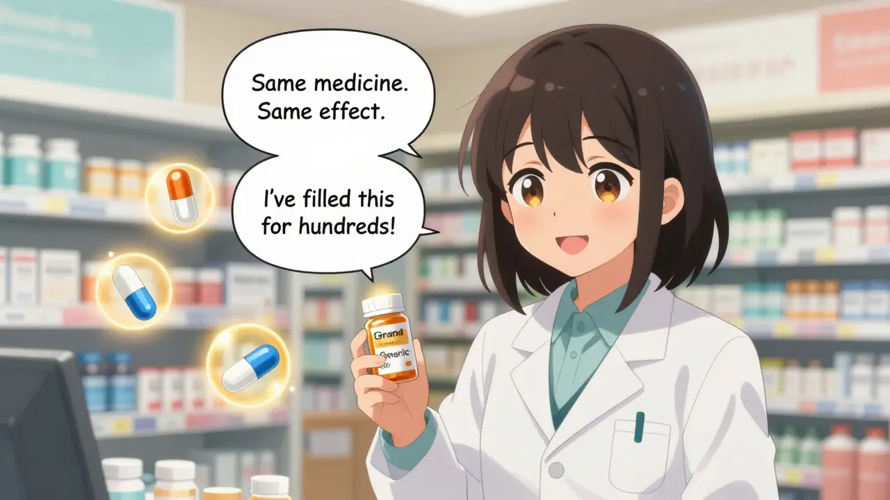 A pharmacist smiles while handing a generic medication to a patient with reassuring speech bubbles.