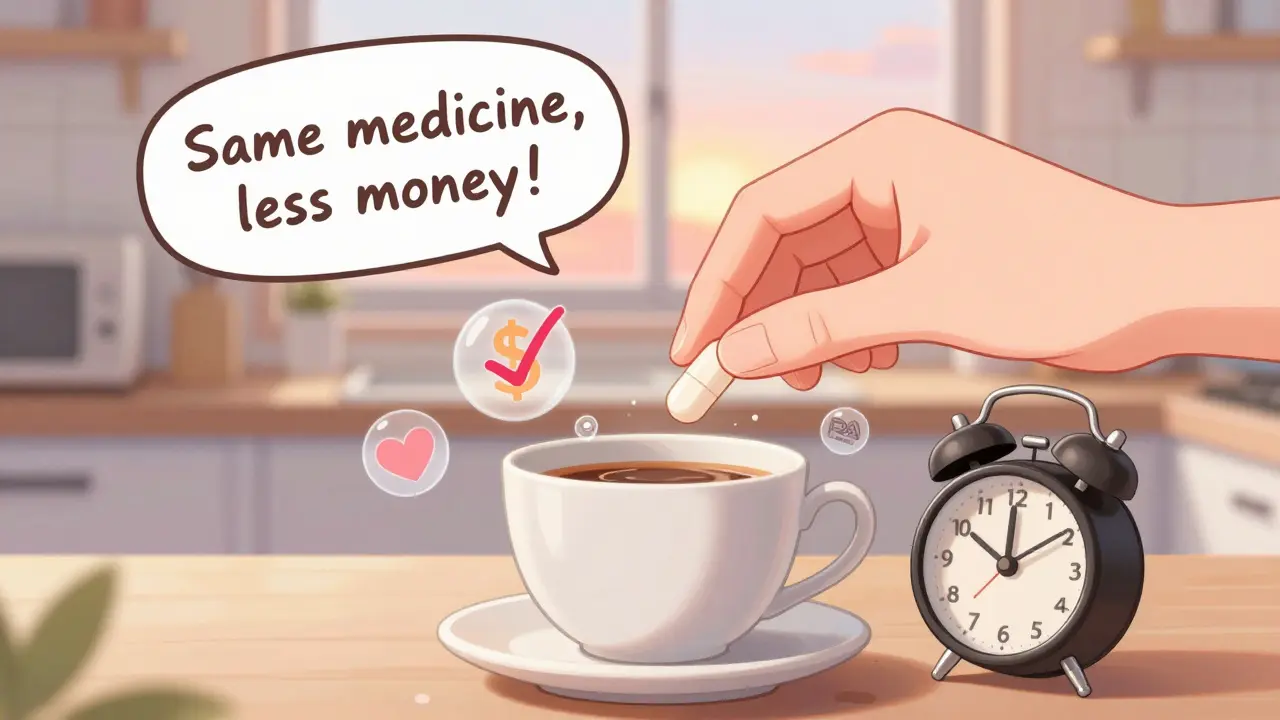 A pill being placed in a coffee cup with icons of savings, health, and FDA approval in a sunny kitchen.