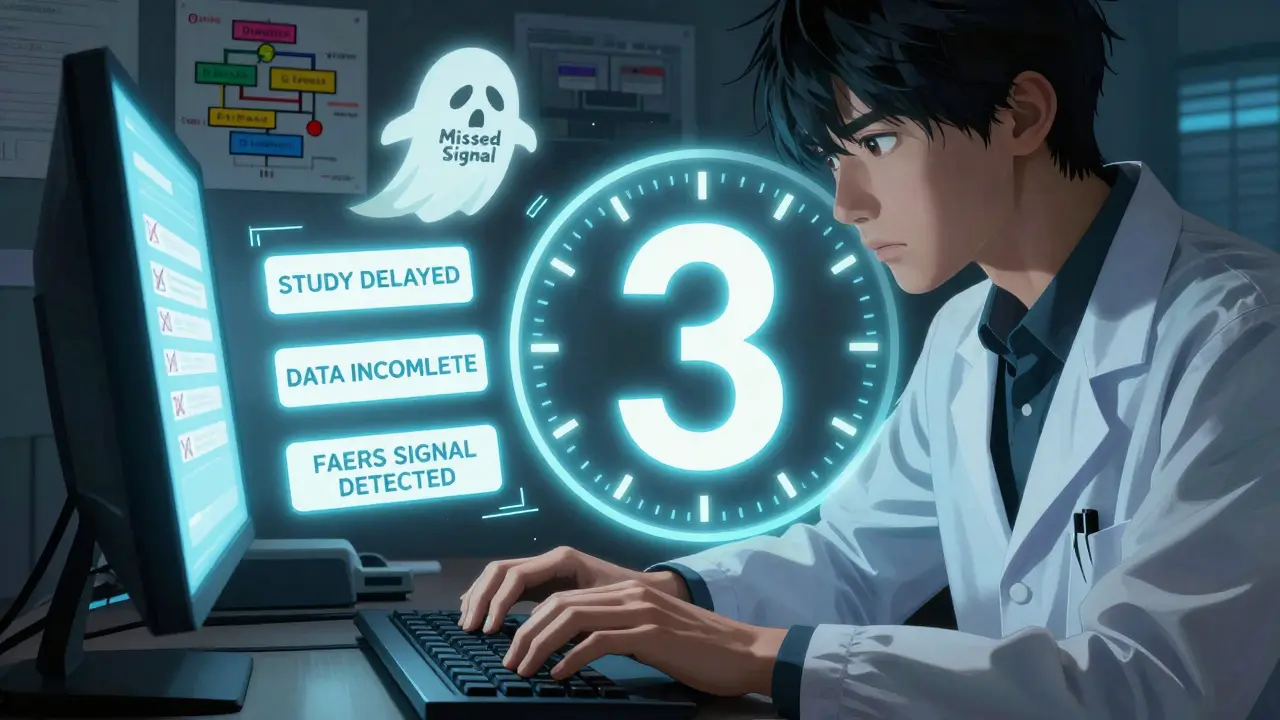 A researcher races against a countdown clock as urgent alerts pop up around them, symbolizing delayed post-marketing studies and detected safety signals.