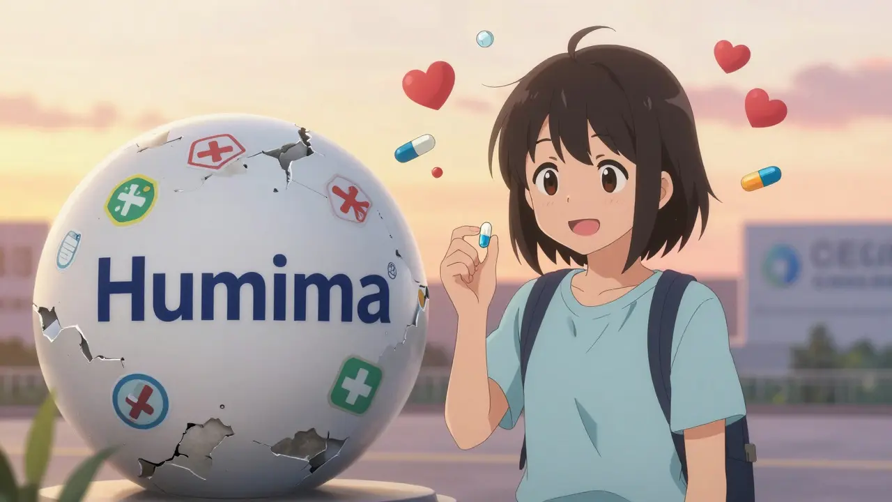 A smiling patient stands beside a crumbling drug statue as affordable generics shine in the sunset.