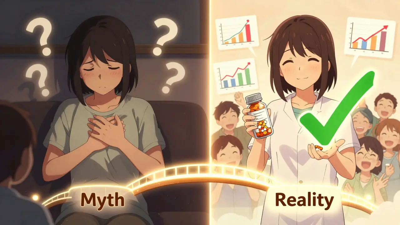 A split-panel illustration contrasting fear and confidence about generic medications, with glowing symbols of truth and reassurance.