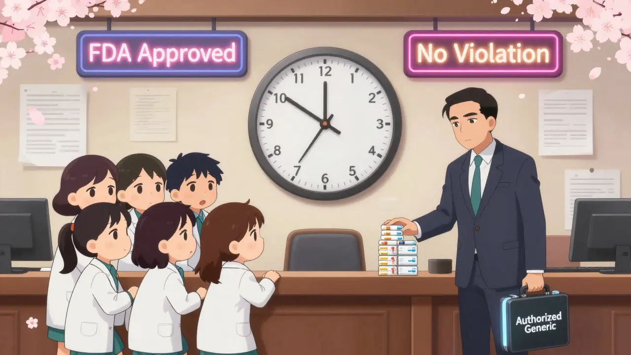 A team of anxious interns watches a countdown clock for 180-day exclusivity while a corporate executive places discounted pills on a table.