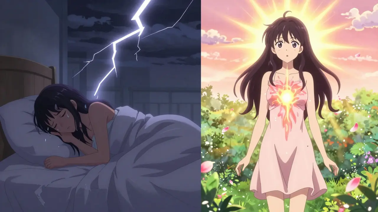 A woman transformed from nighttime distress to morning vitality, representing HRT benefits.