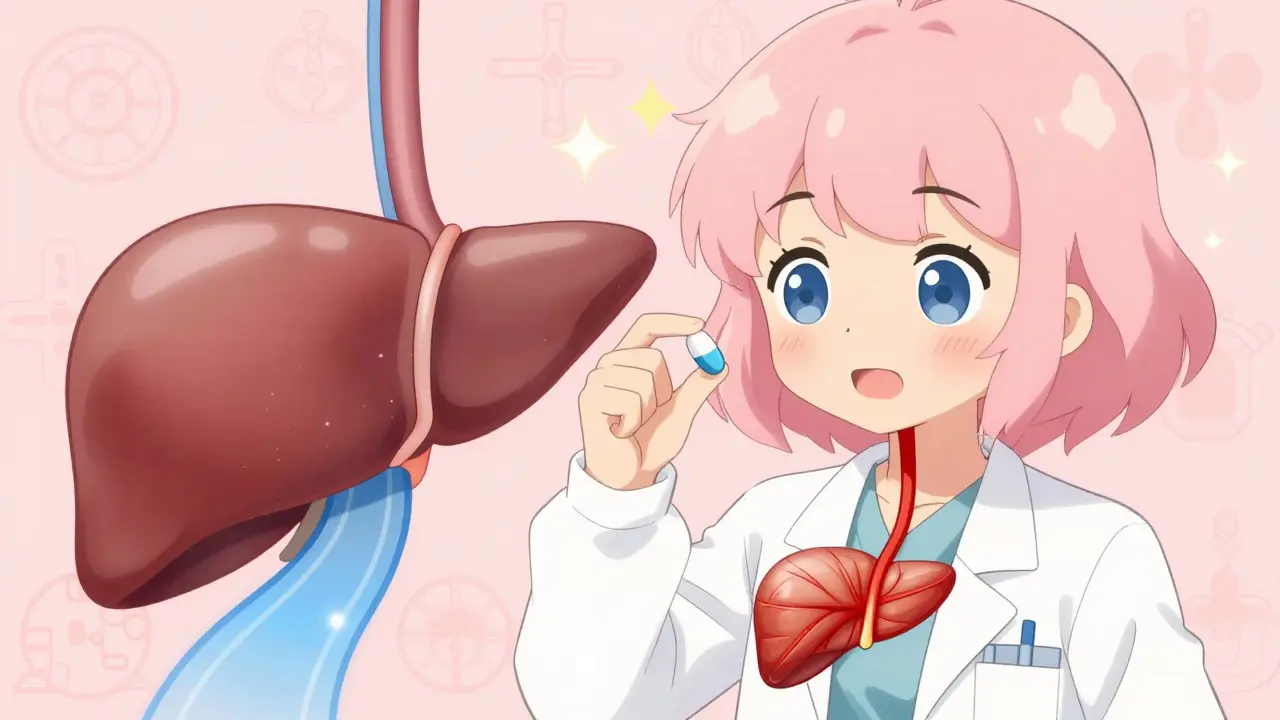 Blue pathway to liver, red pathway affecting muscle tissue.