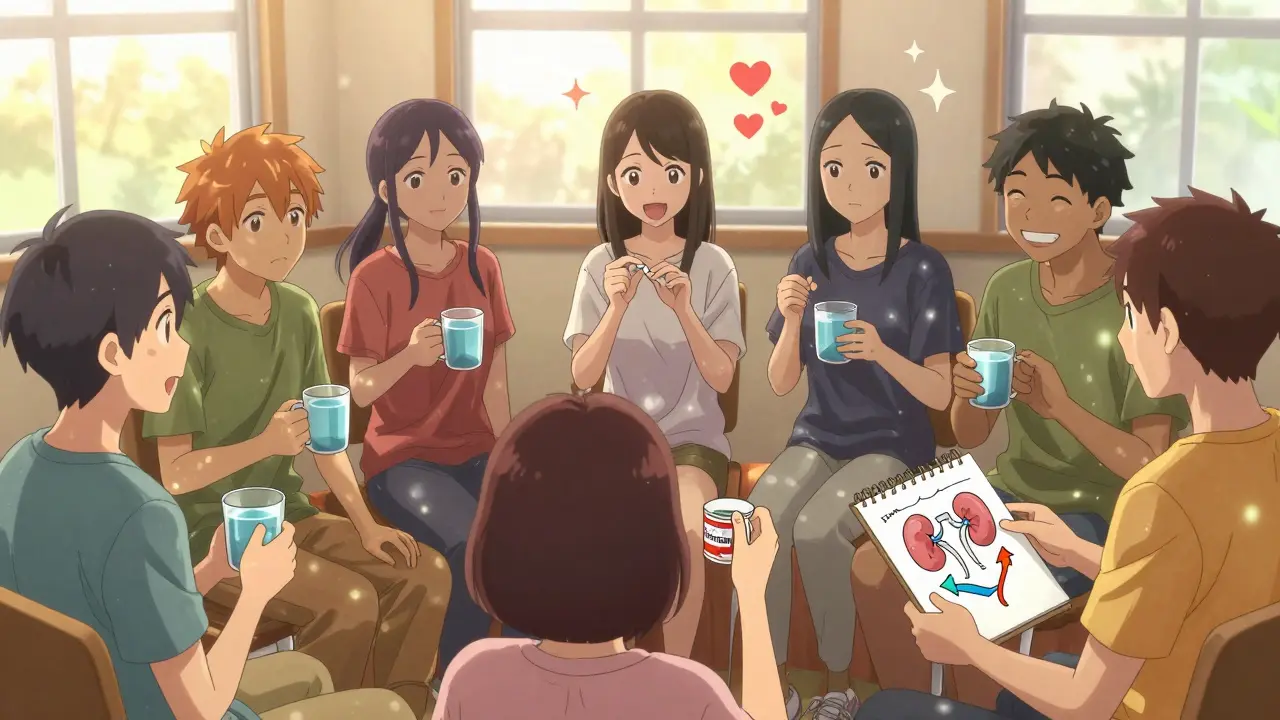 Diverse group of young adults in support circle, holding water mugs and Tolvaptan pill, glowing cysts, warm light, emotive manga style.